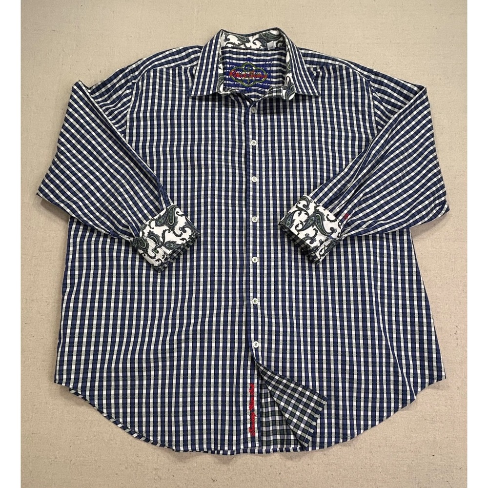 Robert‎ Graham Mens 2XL Blue White Gingham Paisley Trim Button Shirt 100% Cotton